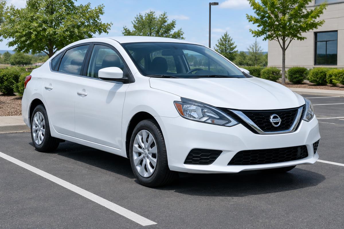 Clean white economy sedan available to rent from Rias Car Rentals in Austell, GA