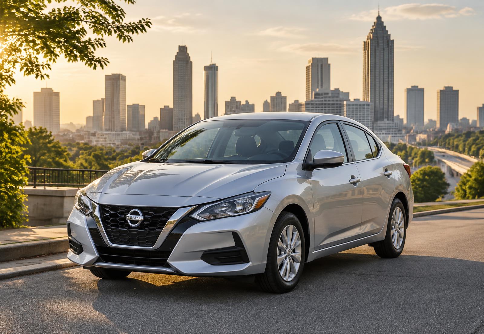 Clean economy sedan from Rias Car Rentals parked with the Atlanta skyline behind it
